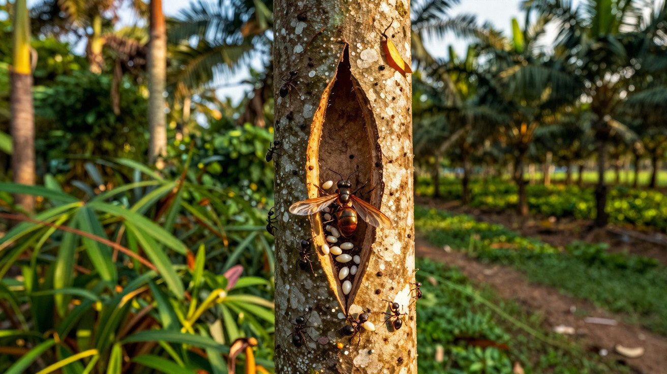 Large wasp and ants on a tropical tree trunk with white eggs inside a split bark cavity in a garden setting.