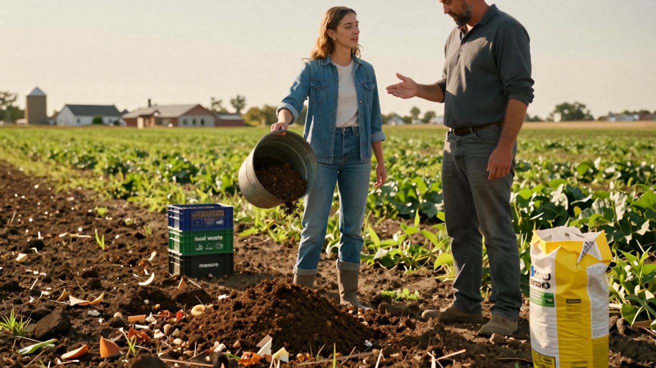 Two people spreading compost on a field with growing crops under clear skies.