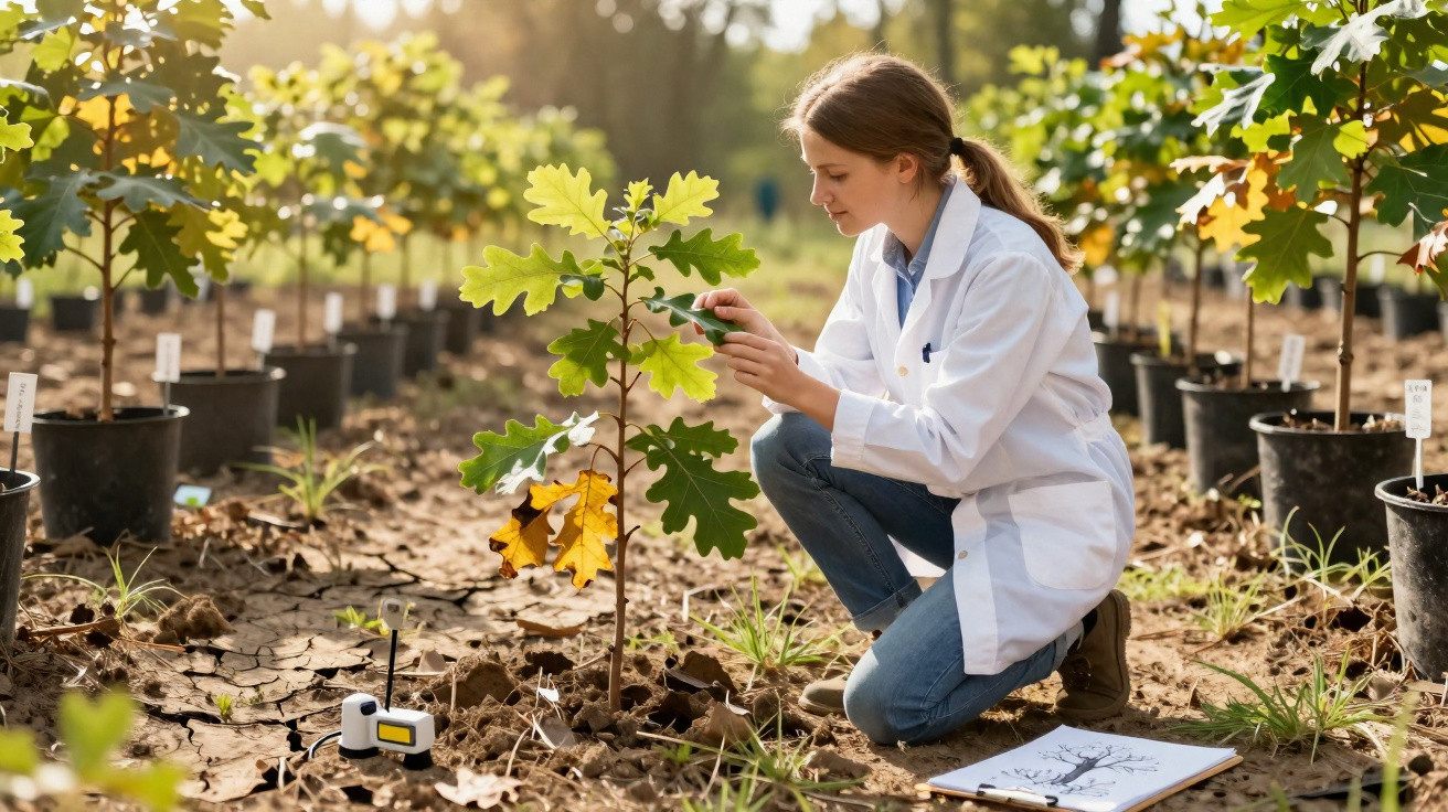 Female scientist examining leaves of young oak tree in a plant nursery, with clipboard and sensors nearby.