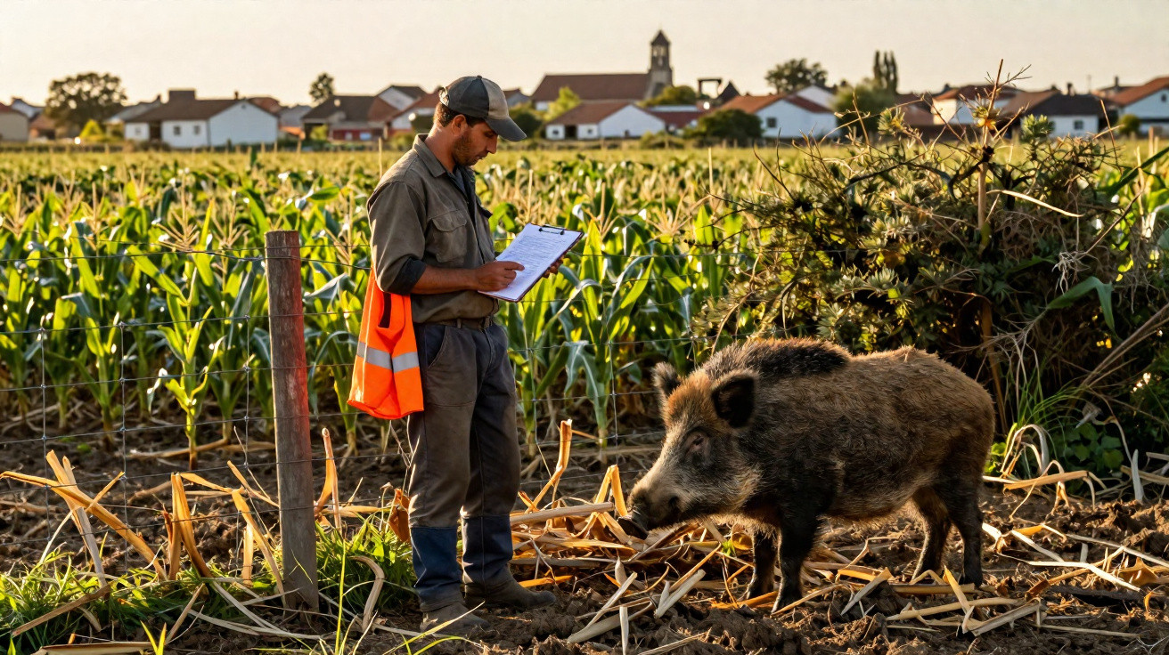 Man in workwear and cap holding clipboard near a wild boar at the edge of a cornfield with village houses in background.
