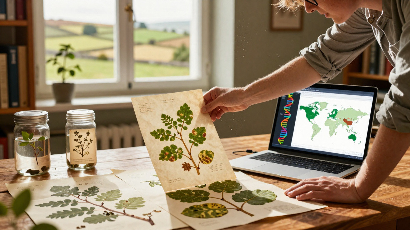 Person examining botanical leaf illustrations on paper next to jars and a laptop showing a world map.