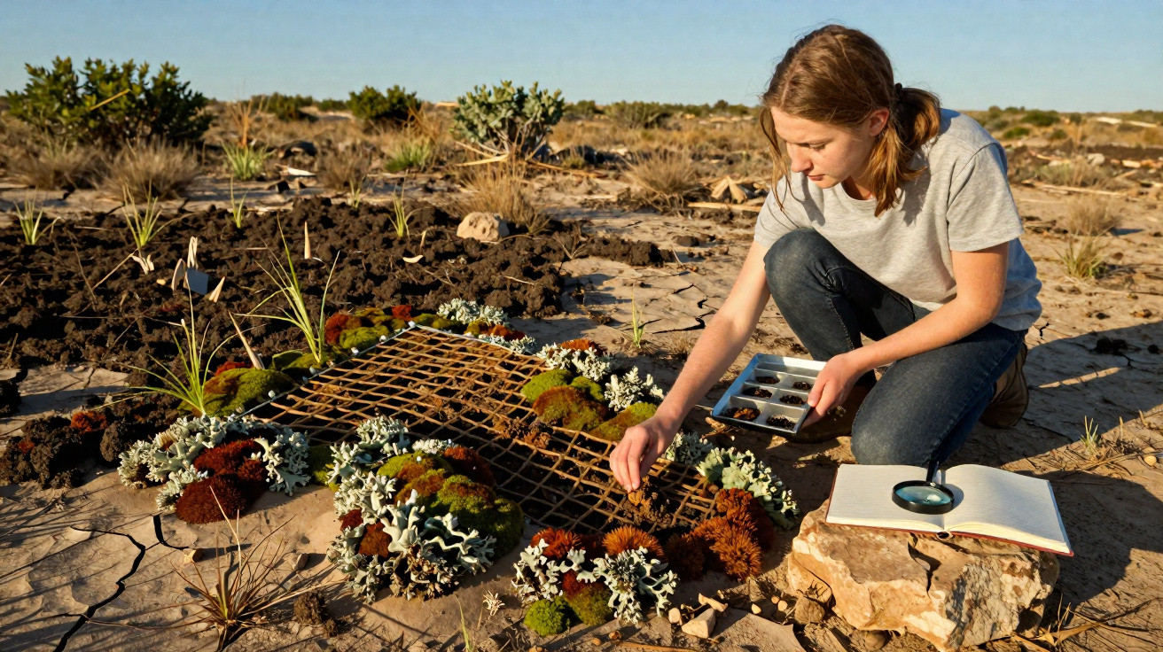 Young woman studying moss and lichens in dry cracked soil using a grid and notebook outdoors.