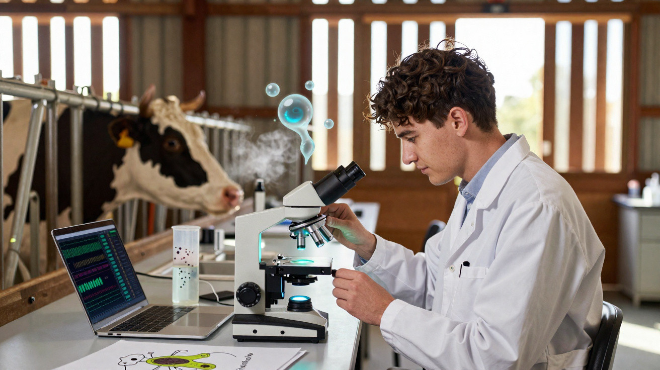 Scientist in a lab coat examines samples under a microscope in a barn with a cow in the background.
