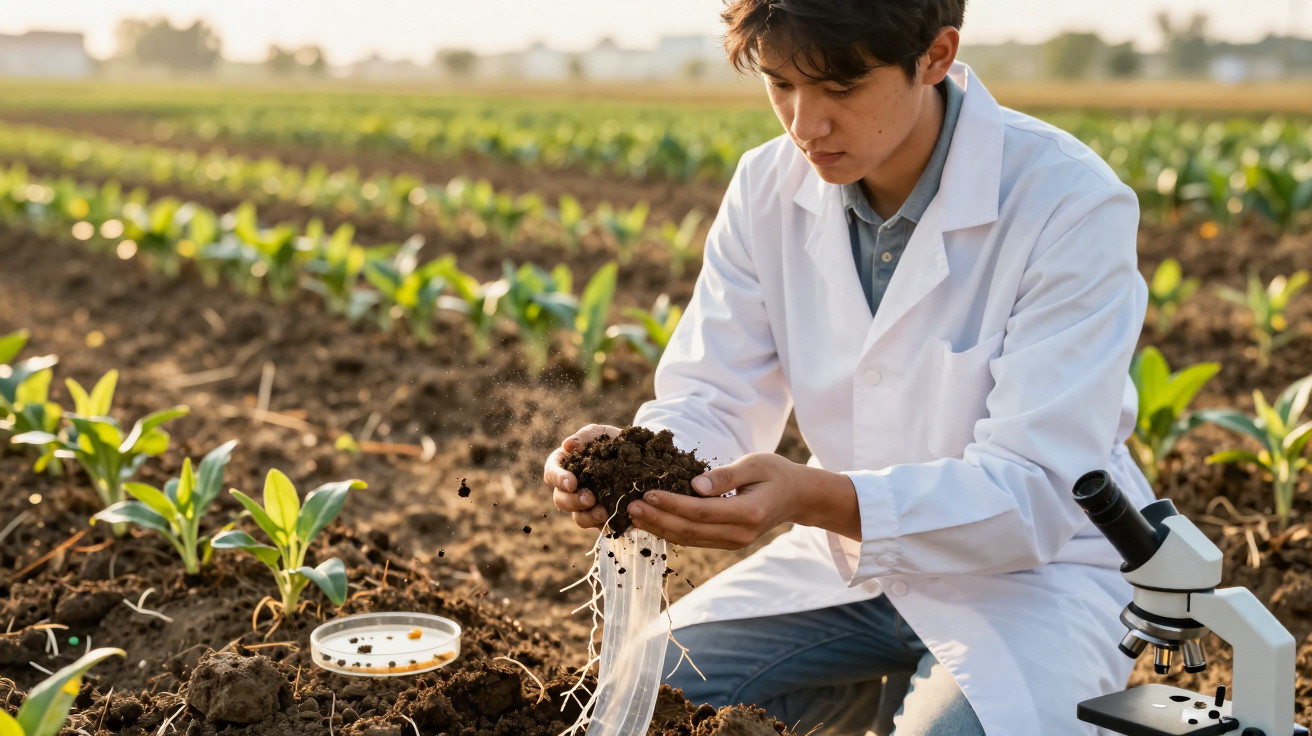 Scientist in a lab coat examining soil and plant roots in a crop field with a microscope nearby.