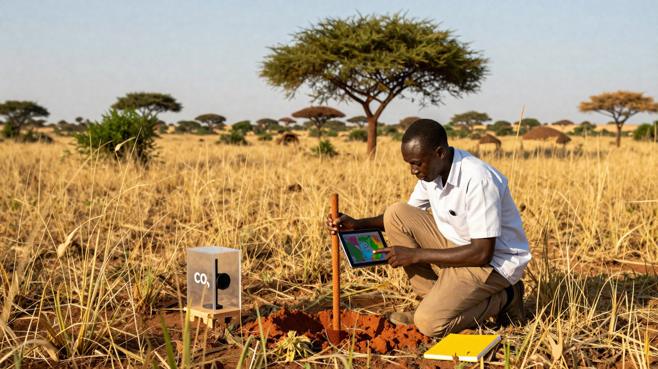 Man kneeling in dry grassland using a tablet beside a CO2 sensor and digging tool under scattered trees.