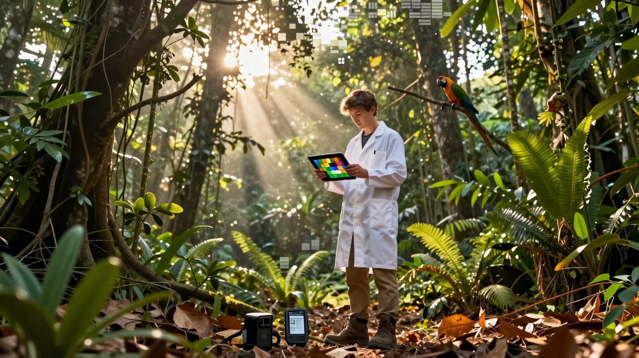 Scientist in white coat using tablet surrounded by dense rainforest plants and a colourful parrot perched nearby.