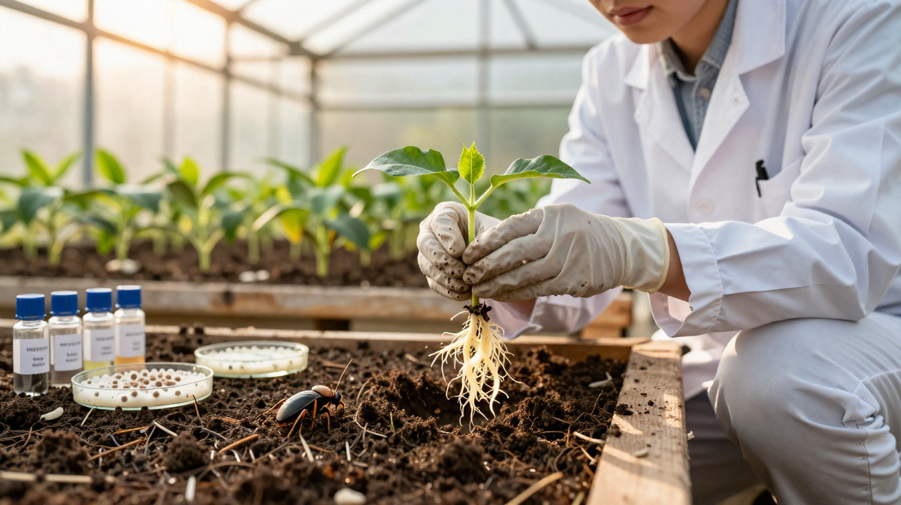 Scientist in a greenhouse wearing gloves planting a young seedling into soil with scientific samples nearby.