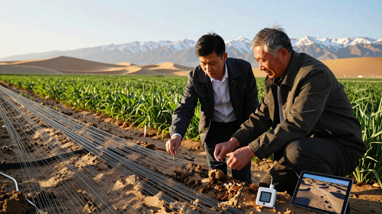 Two men inspecting soil and plants in a field with irrigation lines and snowy mountains in the background.