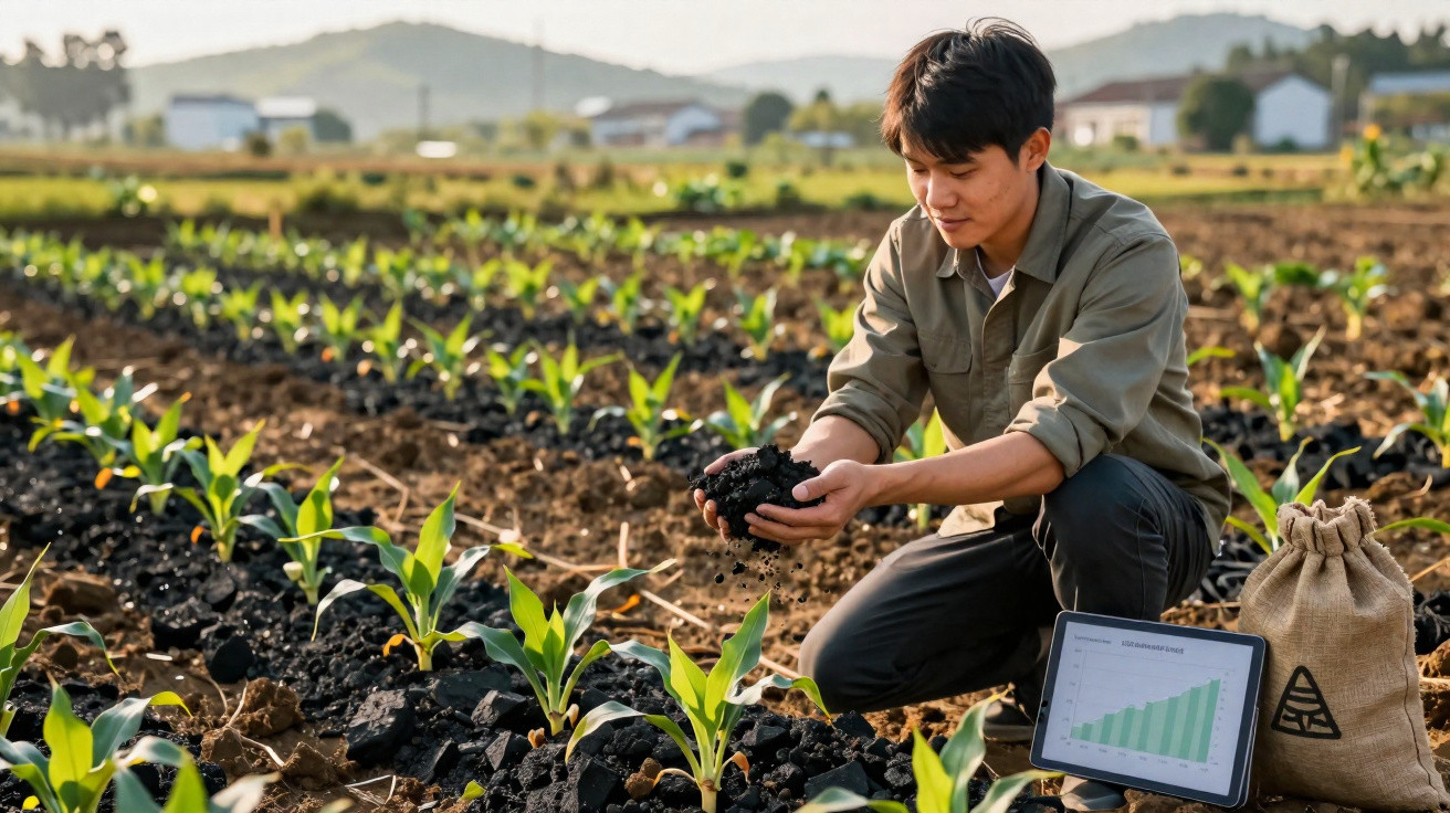 Young farmer examining soil in a field with young plants, a tablet showing growth data, and a sack nearby.