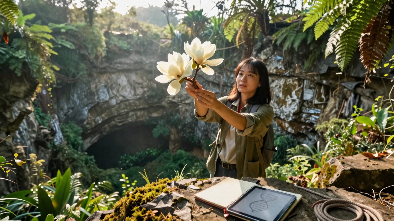 Woman holding white flowers near a rocky cave surrounded by greenery with a notebook and tablet on a mossy stone table.