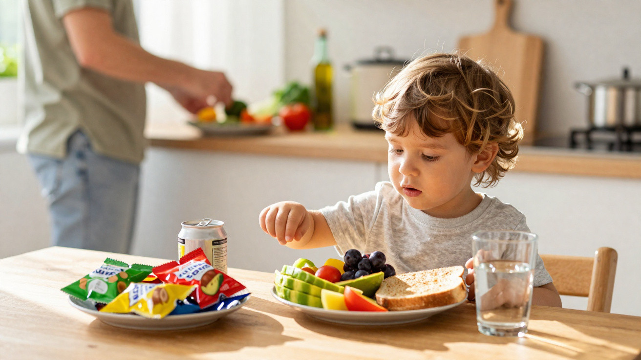 Young child eating fruit and toast at a kitchen table, with snacks and a drink in the background.