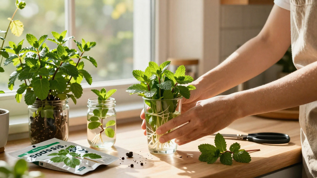 Hands arranging fresh mint cuttings in a glass on a wooden kitchen windowsill with gardening supplies nearby.