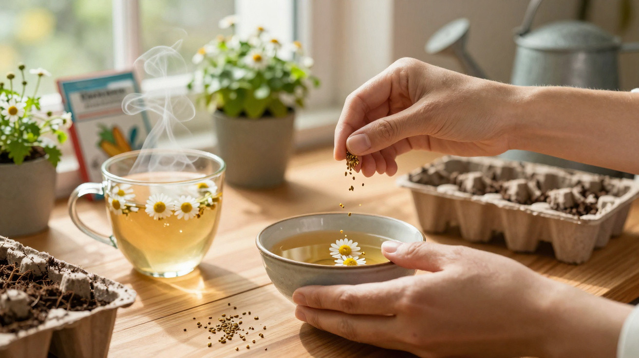 Hands sprinkling seeds into a bowl with chamomile tea, beside a steaming tea cup and small potted plants on a table.