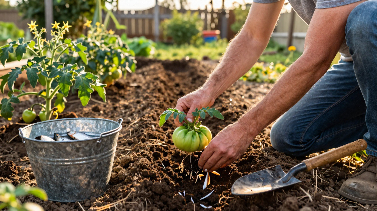 Person planting a young green tomato plant in soil in a garden with gardening tools nearby.
