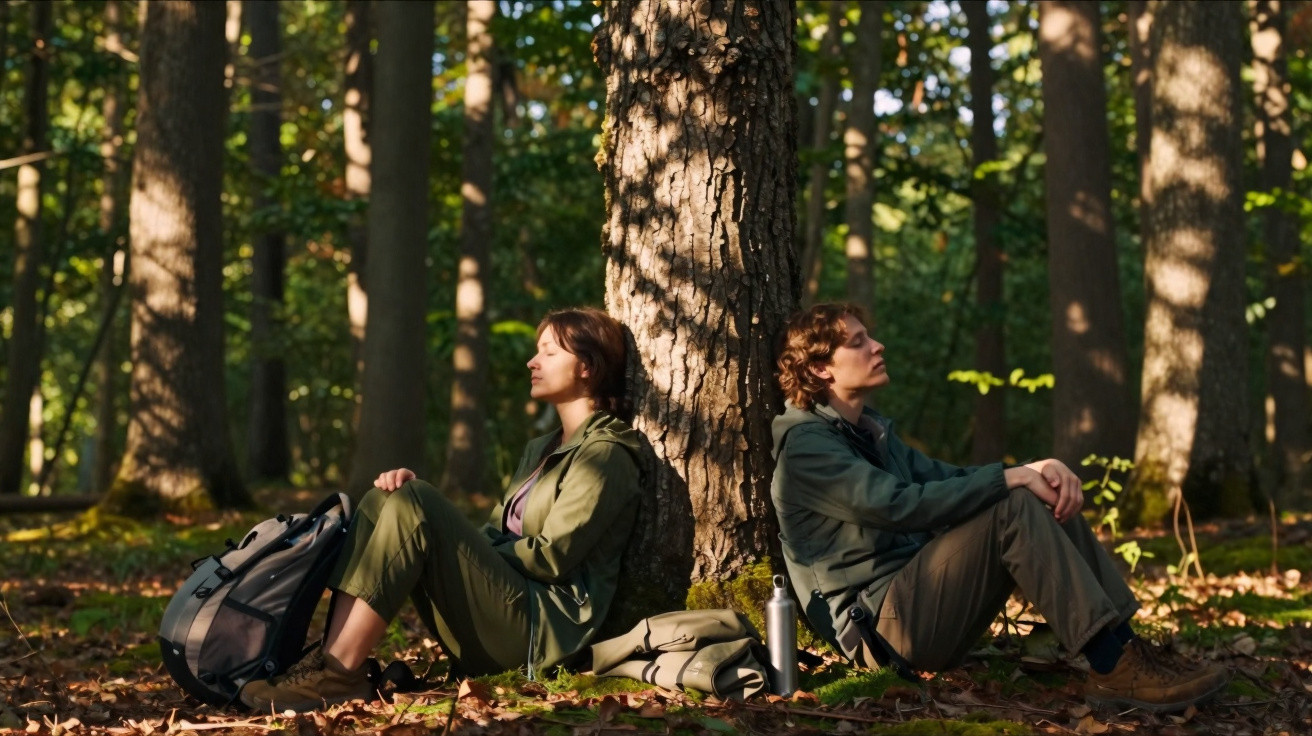 Two people sit back-to-back against a tree in a sunlit forest, resting with backpacks and water bottles nearby.