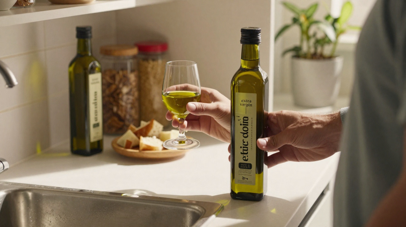Person holding a bottle of extra virgin olive oil and a glass with greenish olive oil in a kitchen setting.