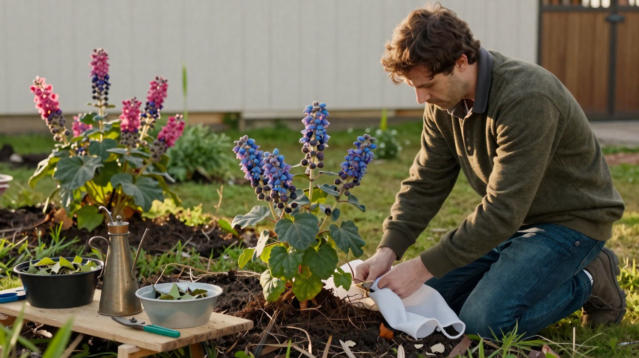 Man kneeling and planting purple and pink flowering plants in a garden next to gardening tools and pots.