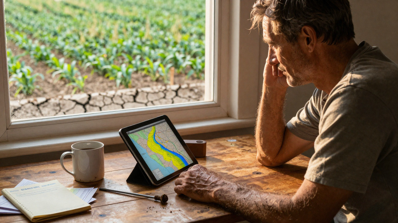 Man studies a drought-affected field on a tablet while sitting at a wooden table by a window.
