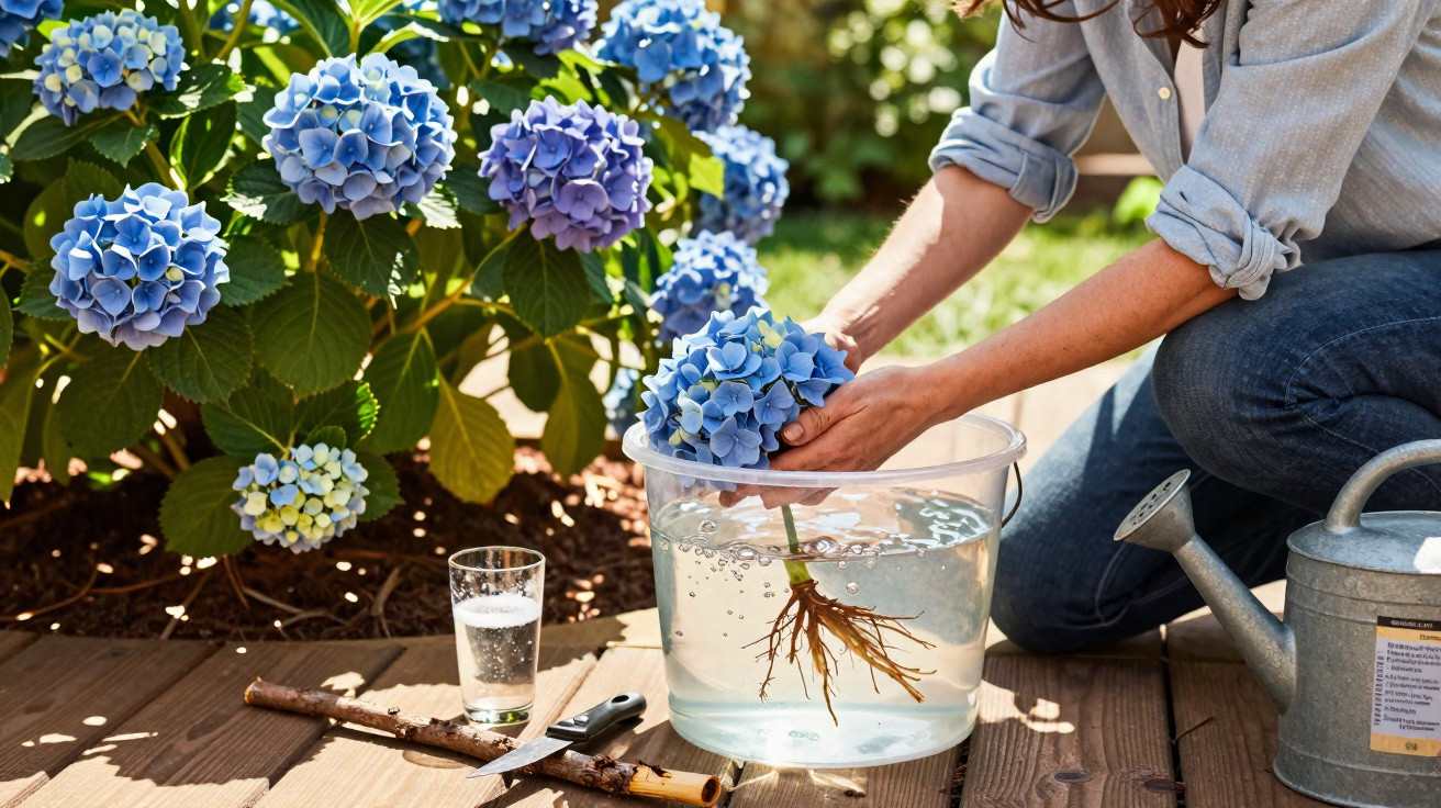 Person soaking blue hydrangea cuttings with roots in a water-filled clear bucket outdoors.