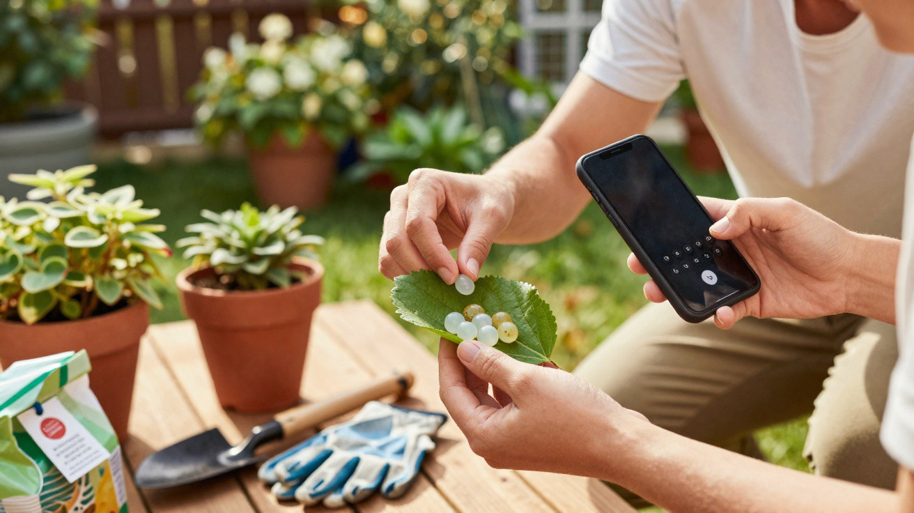 Person holding a leaf with white currants while using a smartphone in a garden setting with gardening tools nearby.