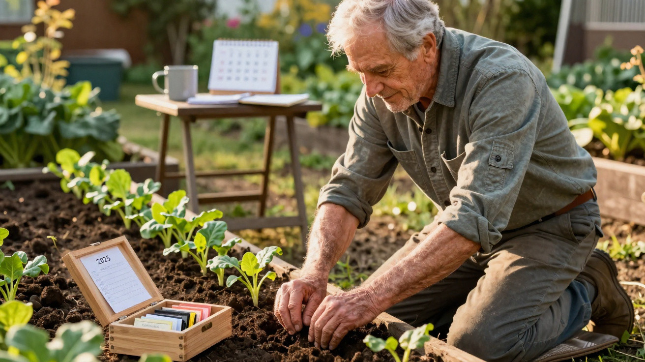 Elderly man gardening, planting seeds in soil with young plants around and a wooden seed box nearby.