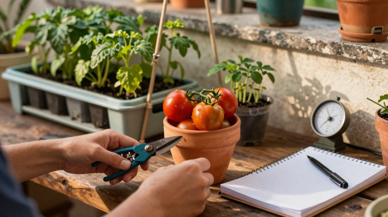 Hands holding pruning shears near ripe tomatoes in a pot on a wooden table with gardening tools and plants.