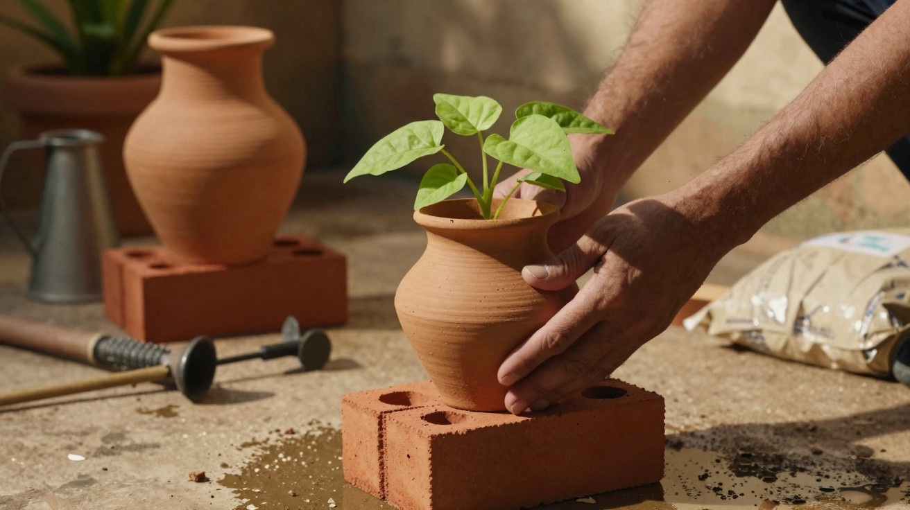 Hands placing a small green plant in a clay pot on a red brick outdoors with gardening tools nearby