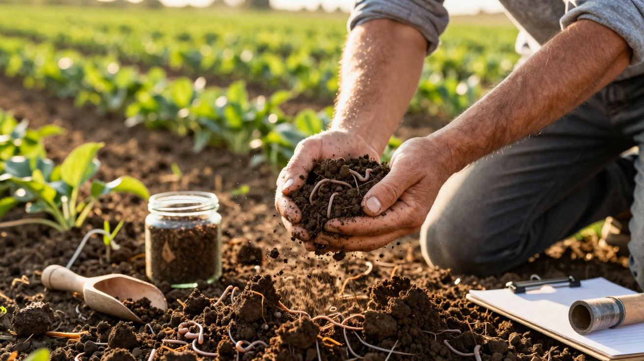 Hands holding soil with earthworms over a cultivated field with plants and gardening tools nearby.