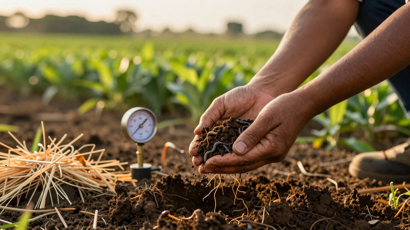 Hands holding soil with earthworms above a burrow in a field with plants and a pressure gauge nearby.