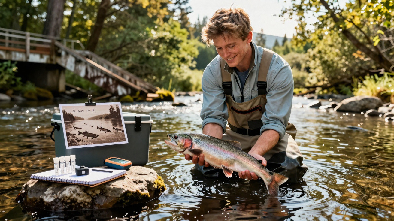 Man in waders holding a large fish in a shallow river with fishing equipment and a map on a rock nearby.