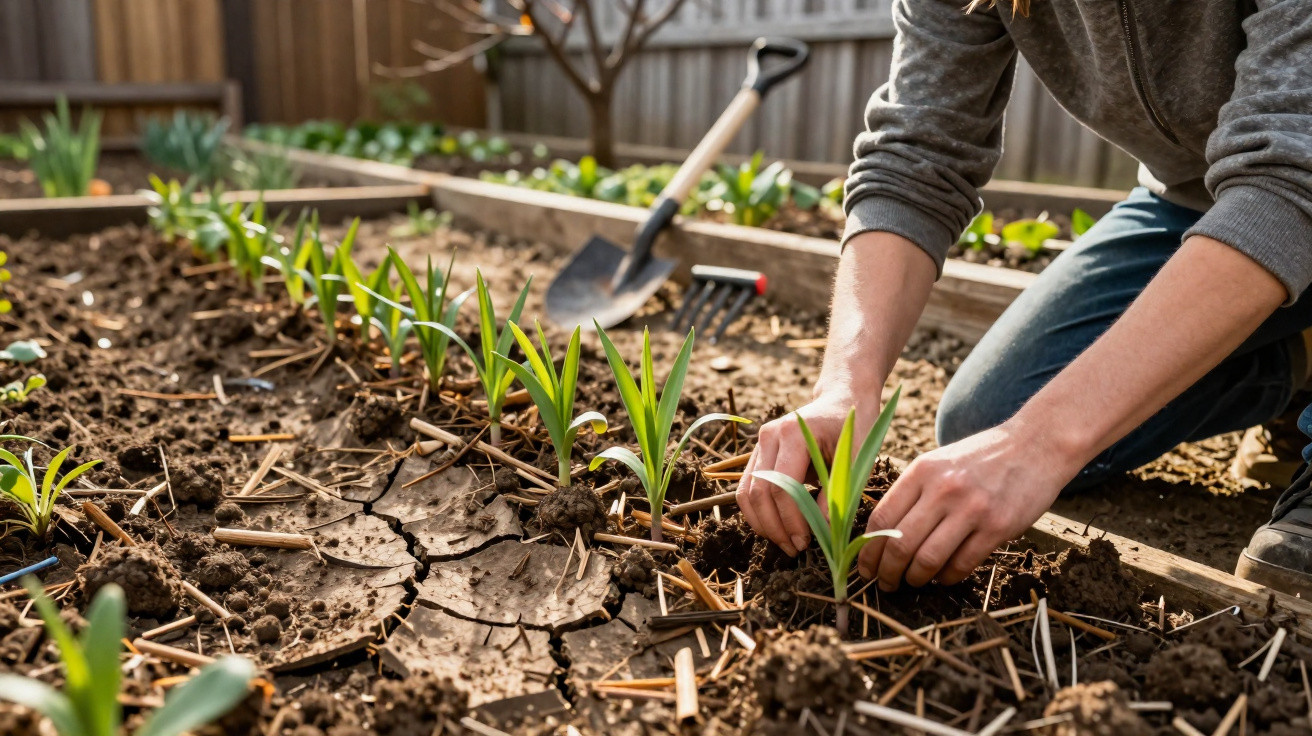 Person planting young green plants in garden soil with gardening tools in the background.