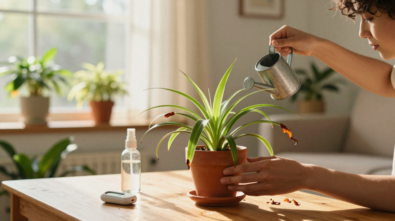 Person watering a green potted plant on a wooden table in a sunlit room with other plants in the background.