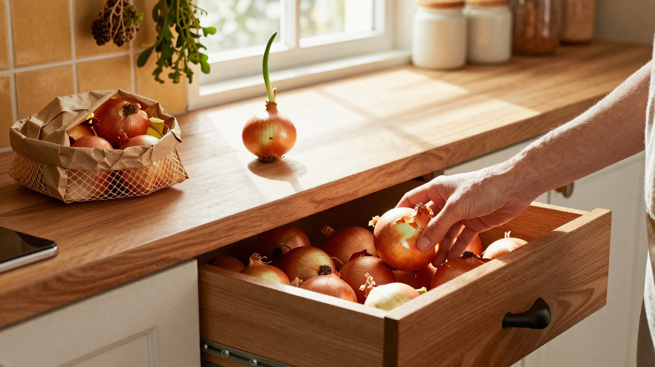 Hand reaching into wooden drawer full of onions on kitchen counter near window with sunlight and paper bag of onions.