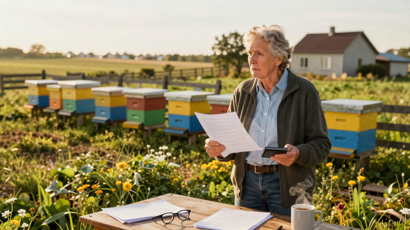 Older woman standing by garden table with papers and phone near colourful beehives in countryside.