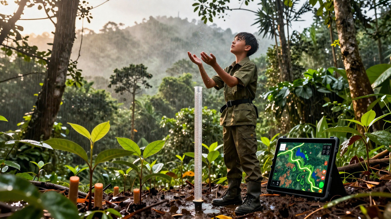 Young boy in military-style clothes measuring rainfall in a lush forest with a tablet showing a map nearby.
