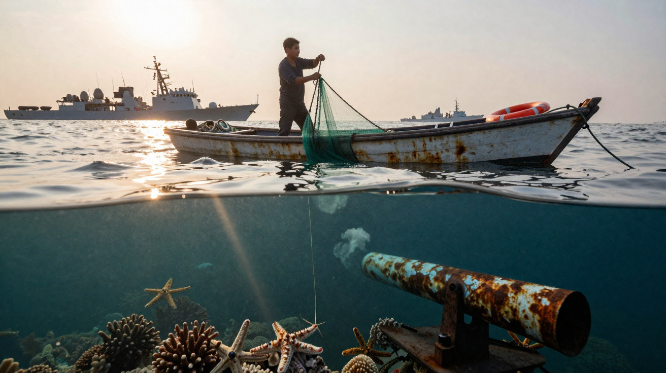 Fisherman on boat hauling net while underwater view shows starfish, coral, rusty cannon and ships at sea.