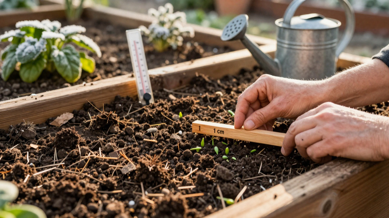 Hands measuring small green seedlings in a raised garden bed with a wooden ruler and watering can nearby
