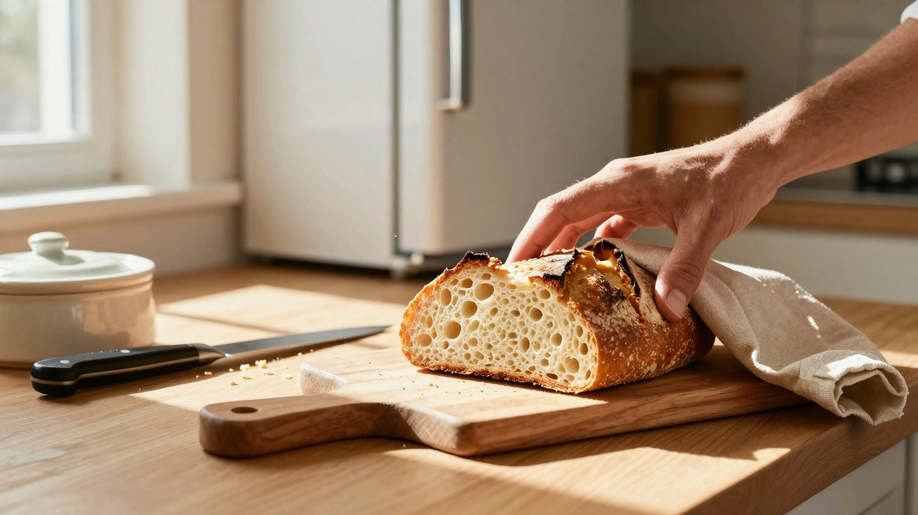 Hand reaching for a fresh loaf of crusty bread on a wooden cutting board in a sunny kitchen.
