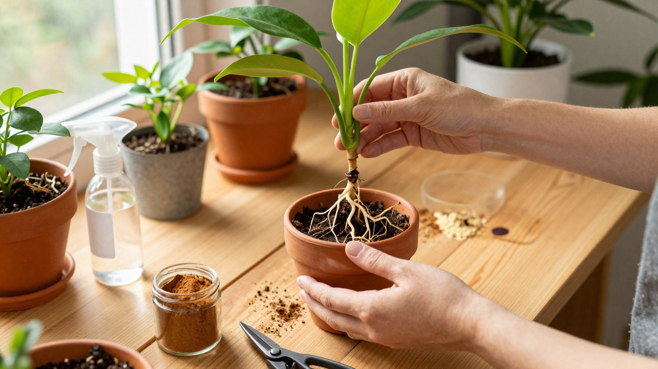 Hands repotting a small green plant with exposed roots into a terracotta pot on a wooden table.