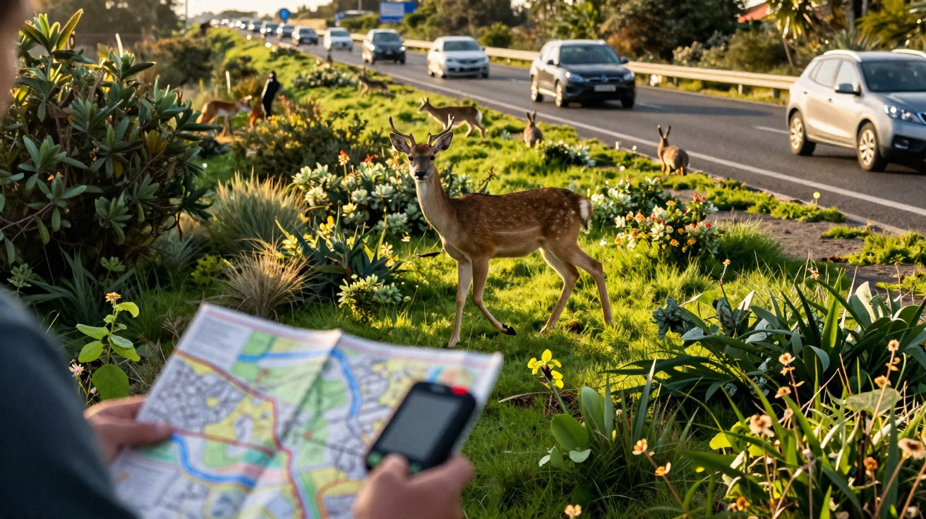 Deer standing in a roadside garden with cars passing by and a person holding a map in the foreground.
