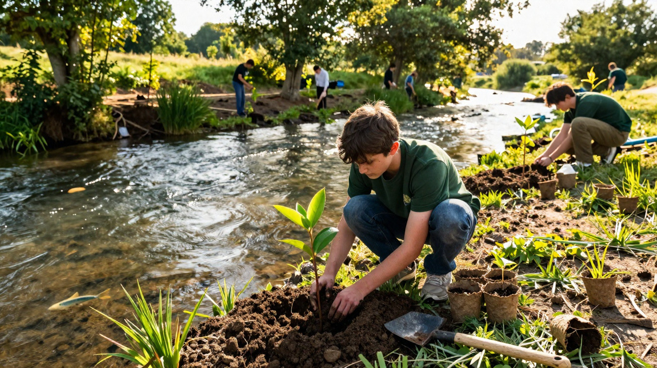 Young volunteers planting saplings along a riverbank on a sunny day with gardening tools nearby.