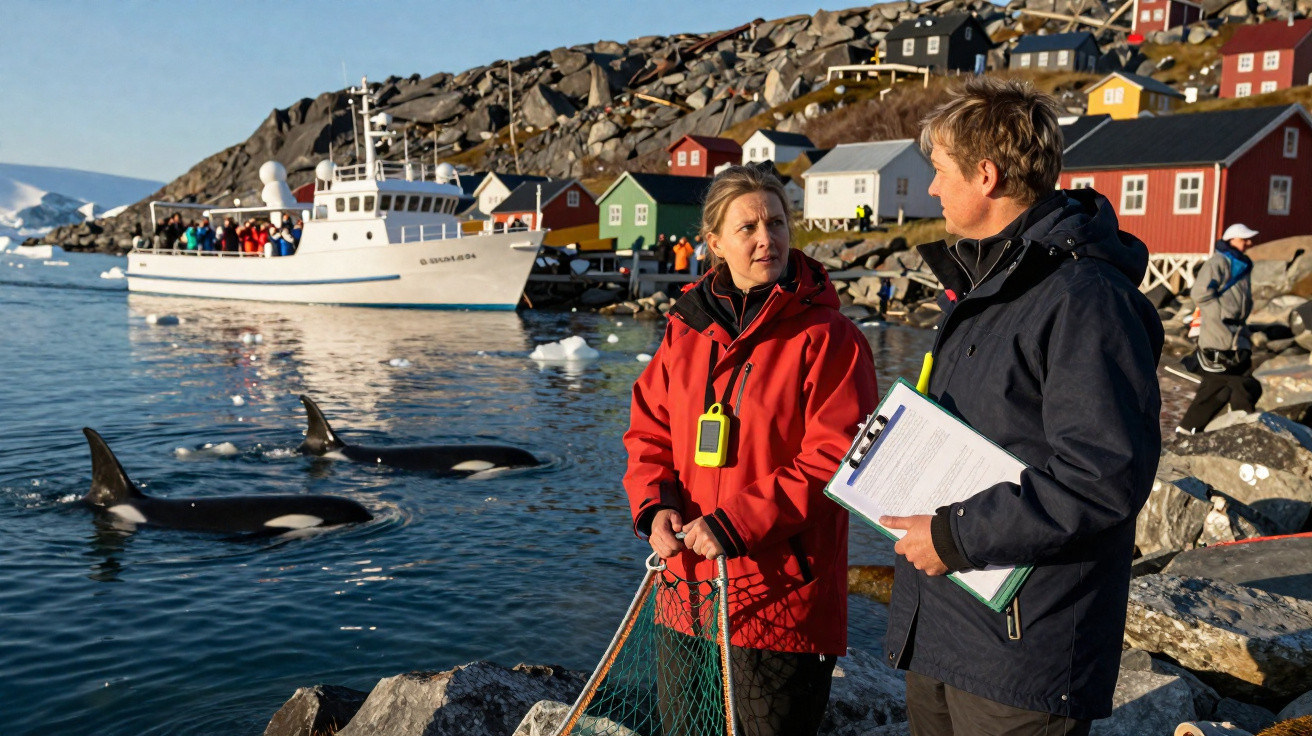 Two people in jackets near rocky shore with orcas in water and colourful houses and boat in background.