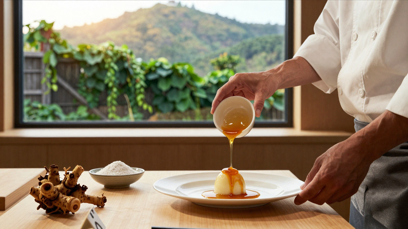 Chef pouring caramel sauce over a dessert on a plate with a window showing green hills in the background.