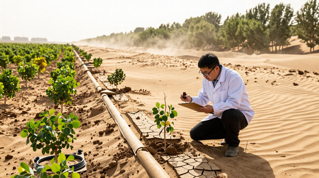 Scientist in a white coat examining young plants in a dry, sandy desert area with irrigation pipes.