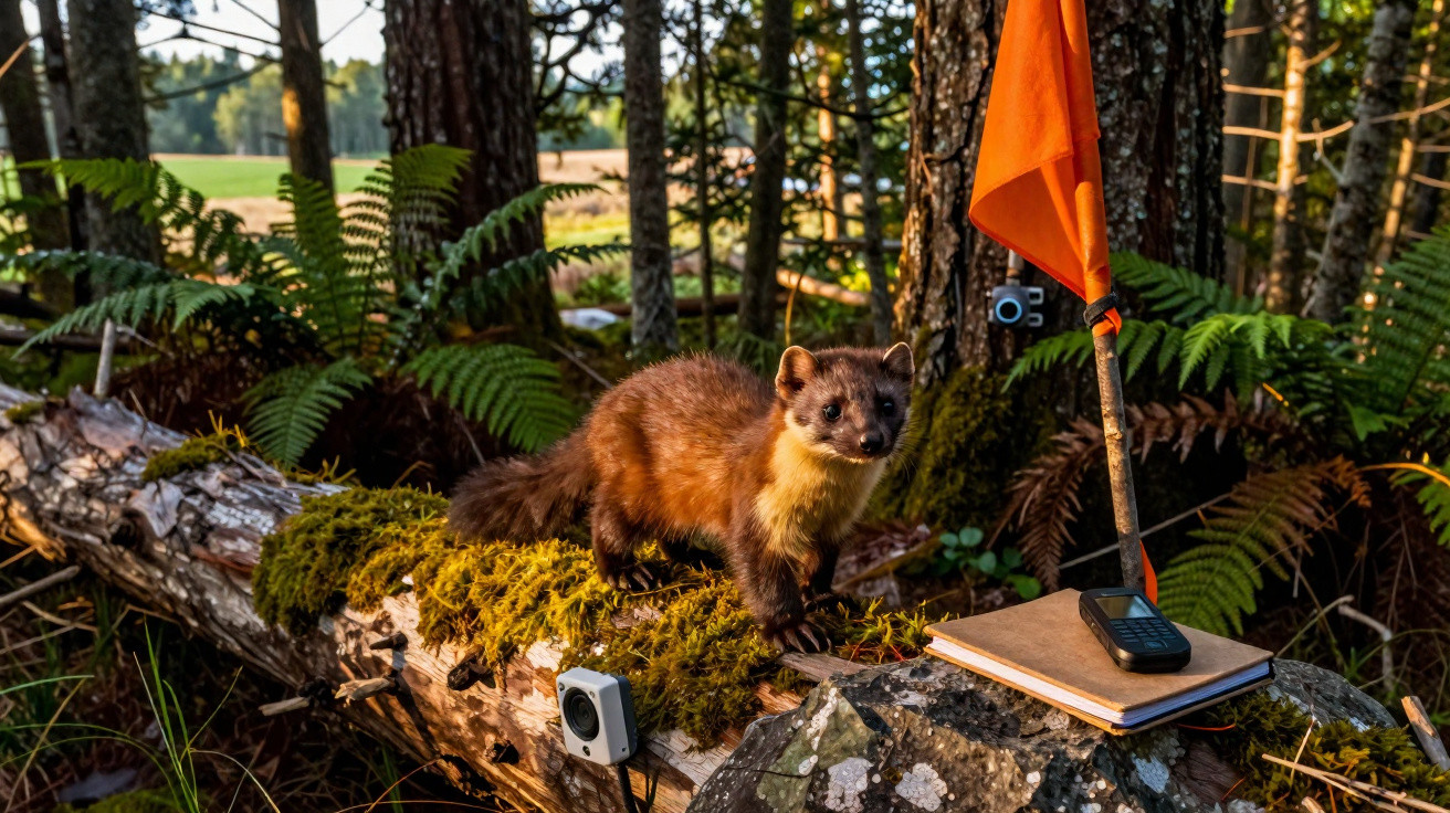 Pine marten standing on moss-covered log in forest near orange flag, notebook, and electronic devices.
