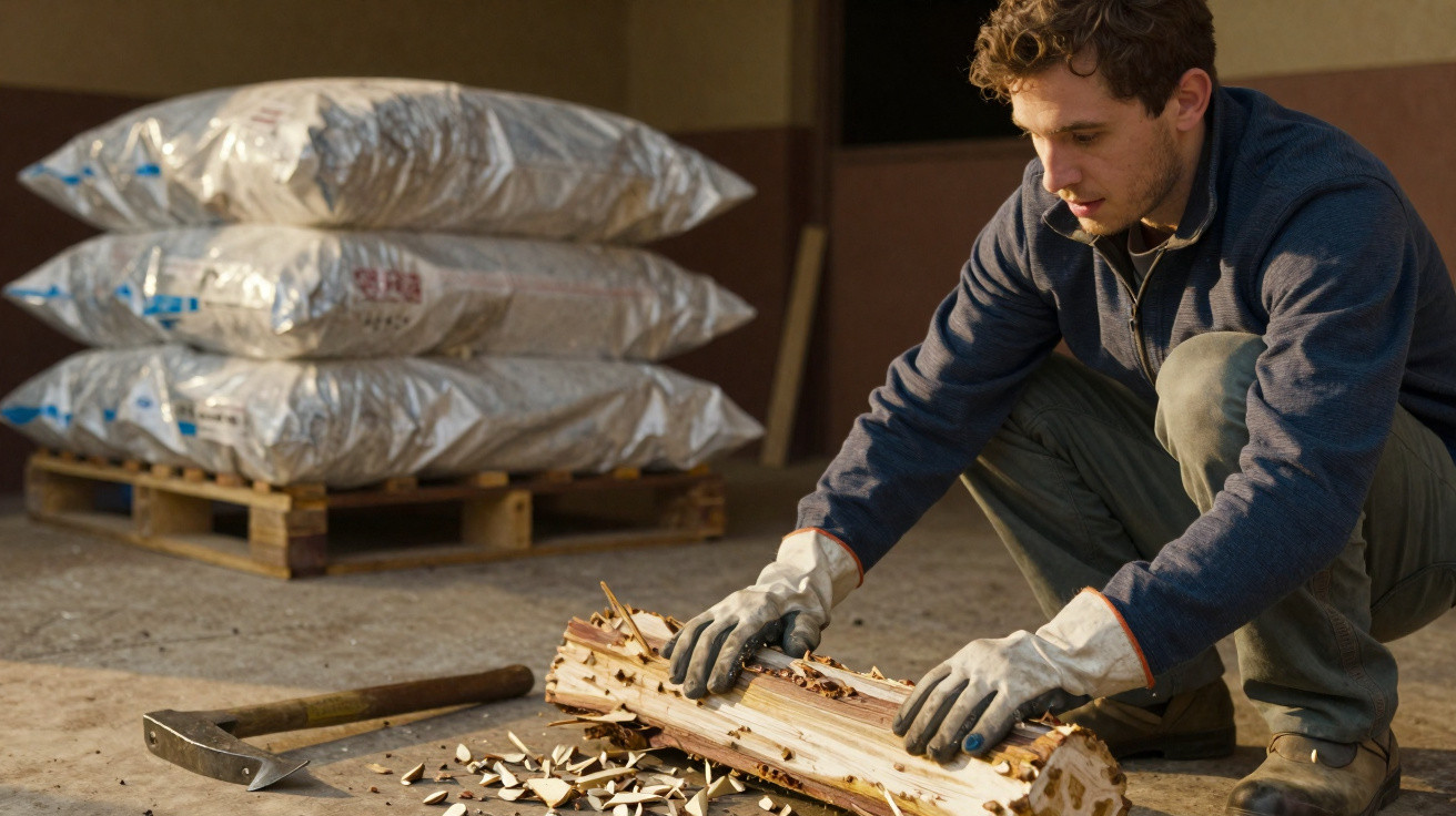 Man wearing gloves preparing firewood with an axe and wood chips scattered on the floor indoors.