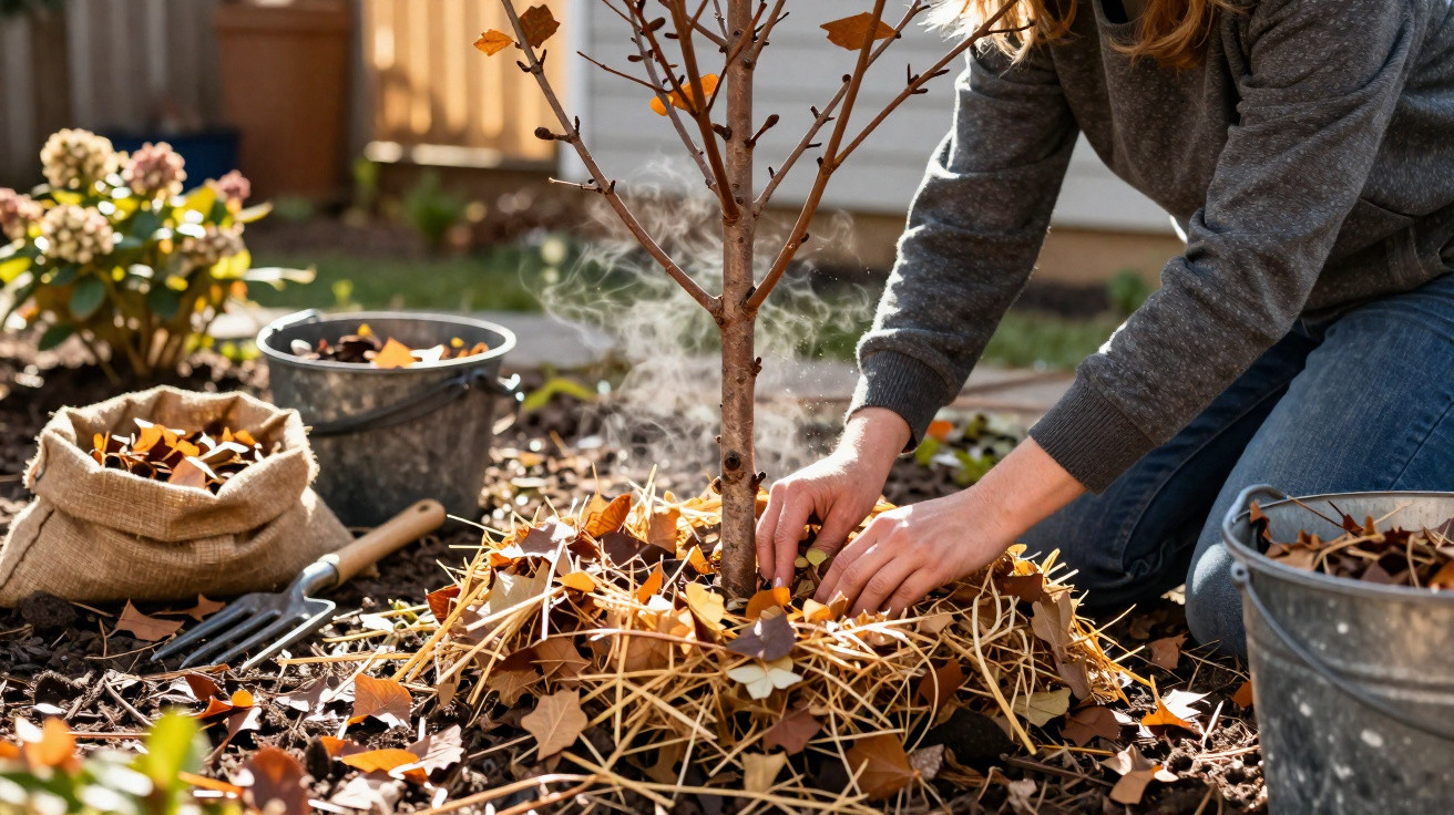 Person mulching around a young tree with straw and autumn leaves in a garden on a sunny day.