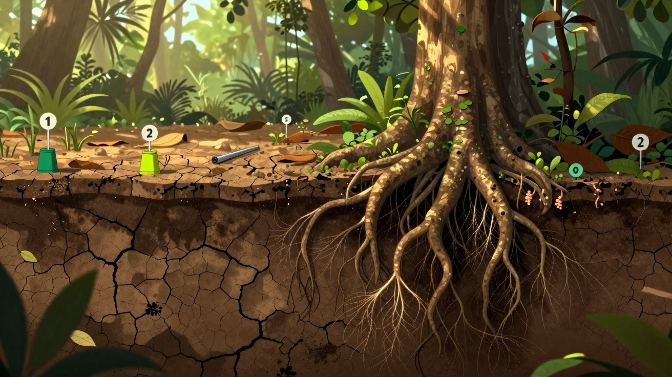 Cross-section of forest floor showing tree roots, soil layers, and numbered soil sampling tools.