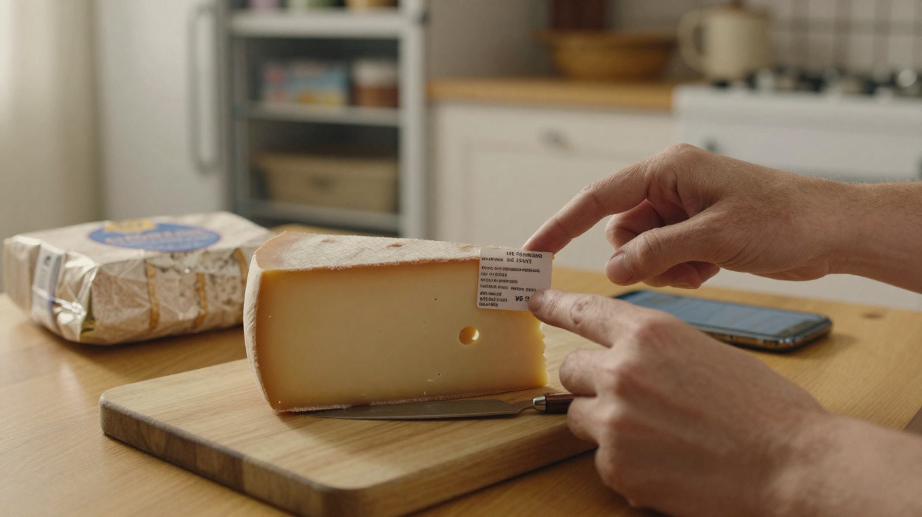Person pointing at cheese label on a large wedge of cheese on a wooden cutting board in a kitchen.