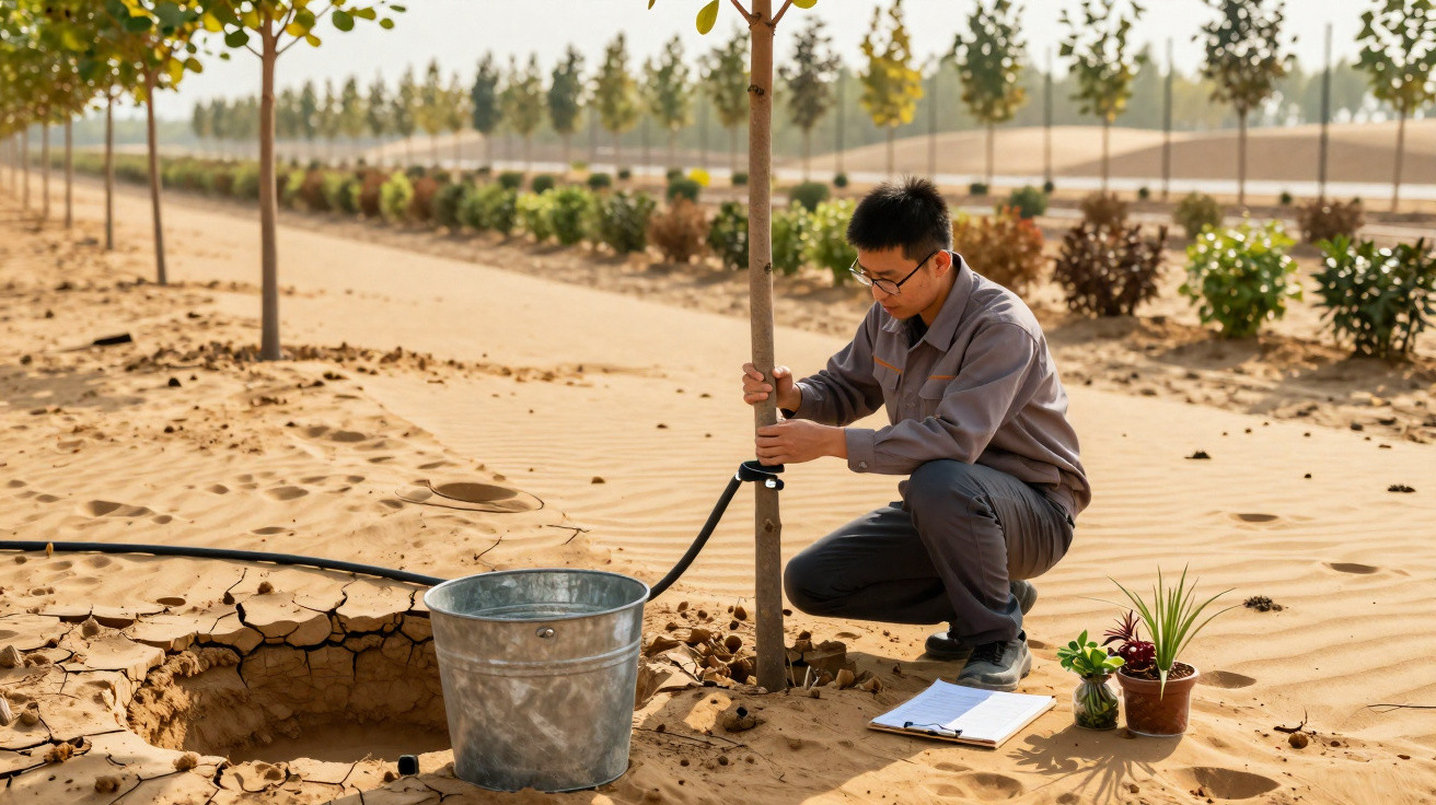 Man in glasses adjusting irrigation hose on young tree in sandy arid landscape with metal bucket and plants nearby.
